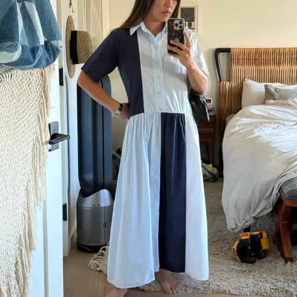 Plan C Blue Colorblock Shirt Midi Dress SMALL Cotton Oversized Designer $385 - Picture 4 of 12